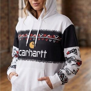 Carhartt Style Graphic Hoodie Women’s Size S White Black Pullover Sweatshirt
